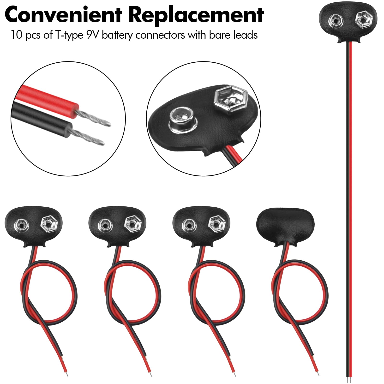 Poeland 10 pezzi connettore batteria 9V clip a T con filo e custodia in pelle