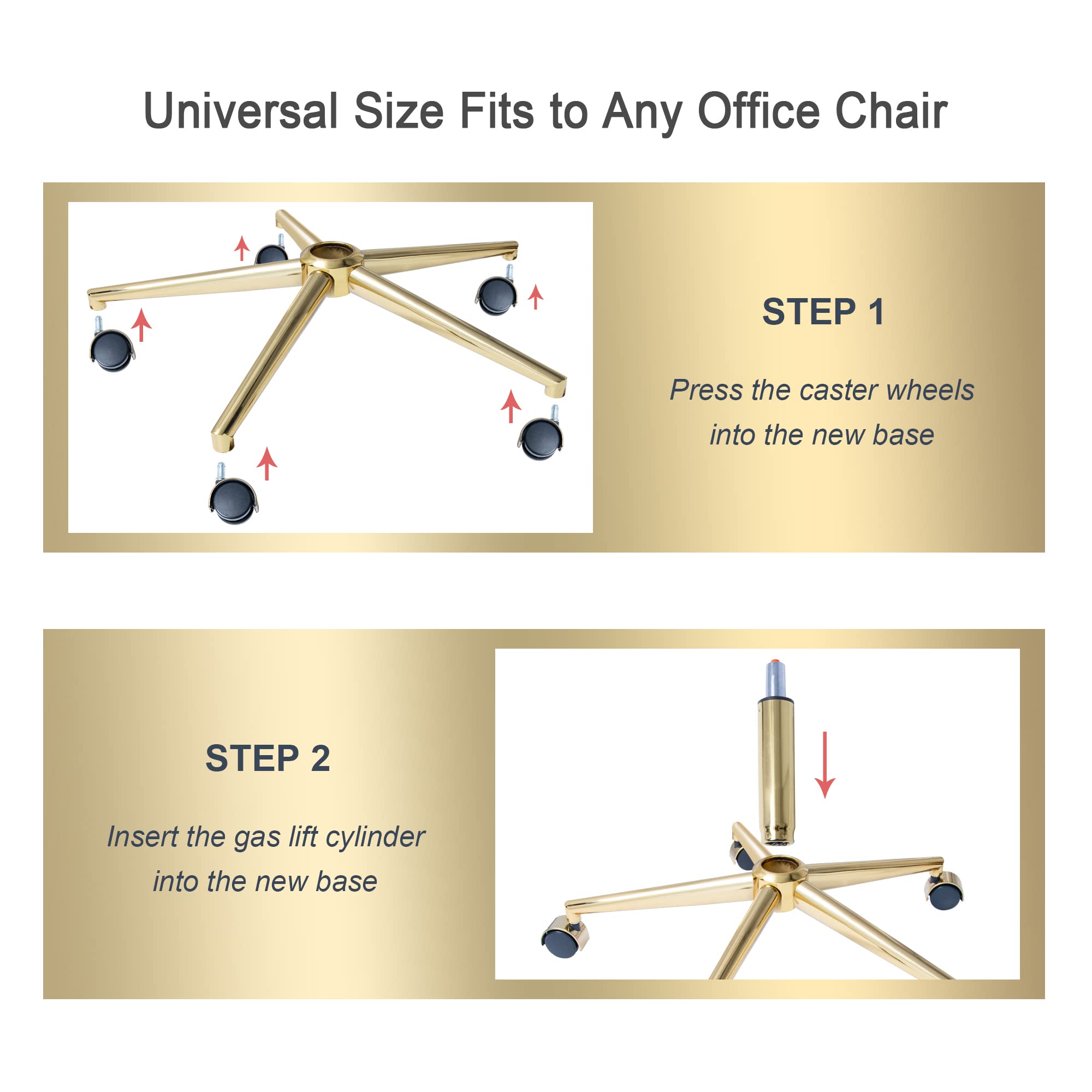 Skuehod Universal 25" Office Chair Base Replacement Parts with 5 Casters, Non-Removable Strong Aluminum Metal Legs,Heavy Duty Base to Replace Any Chair Bottom Gold