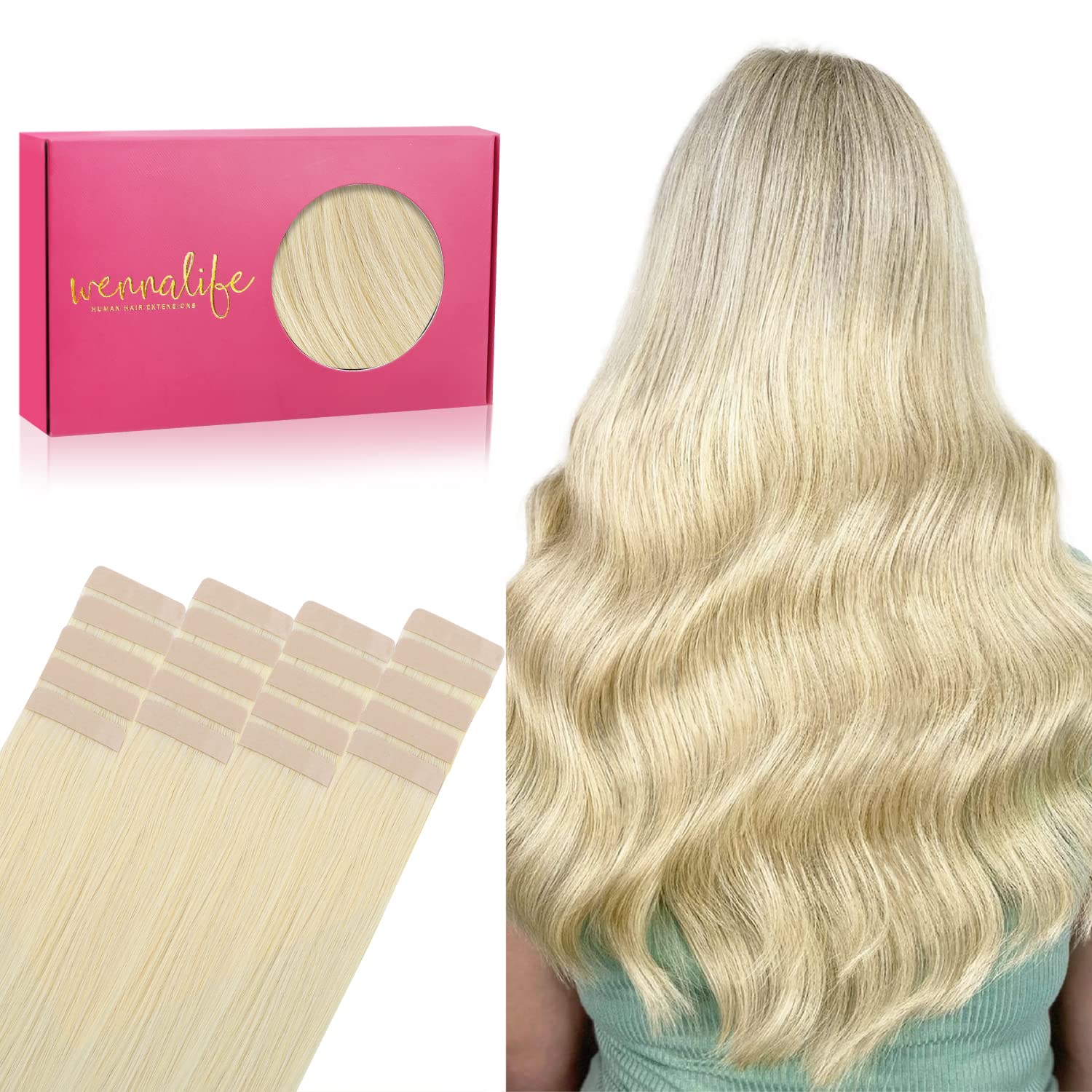 WENNALIFE Tape in Hair Extensions 20pcs 50g 14 inch Bleach Blonde Remy Human Hair, 1-Tape#613R Bleach Blonde, 14Inch-20pcs