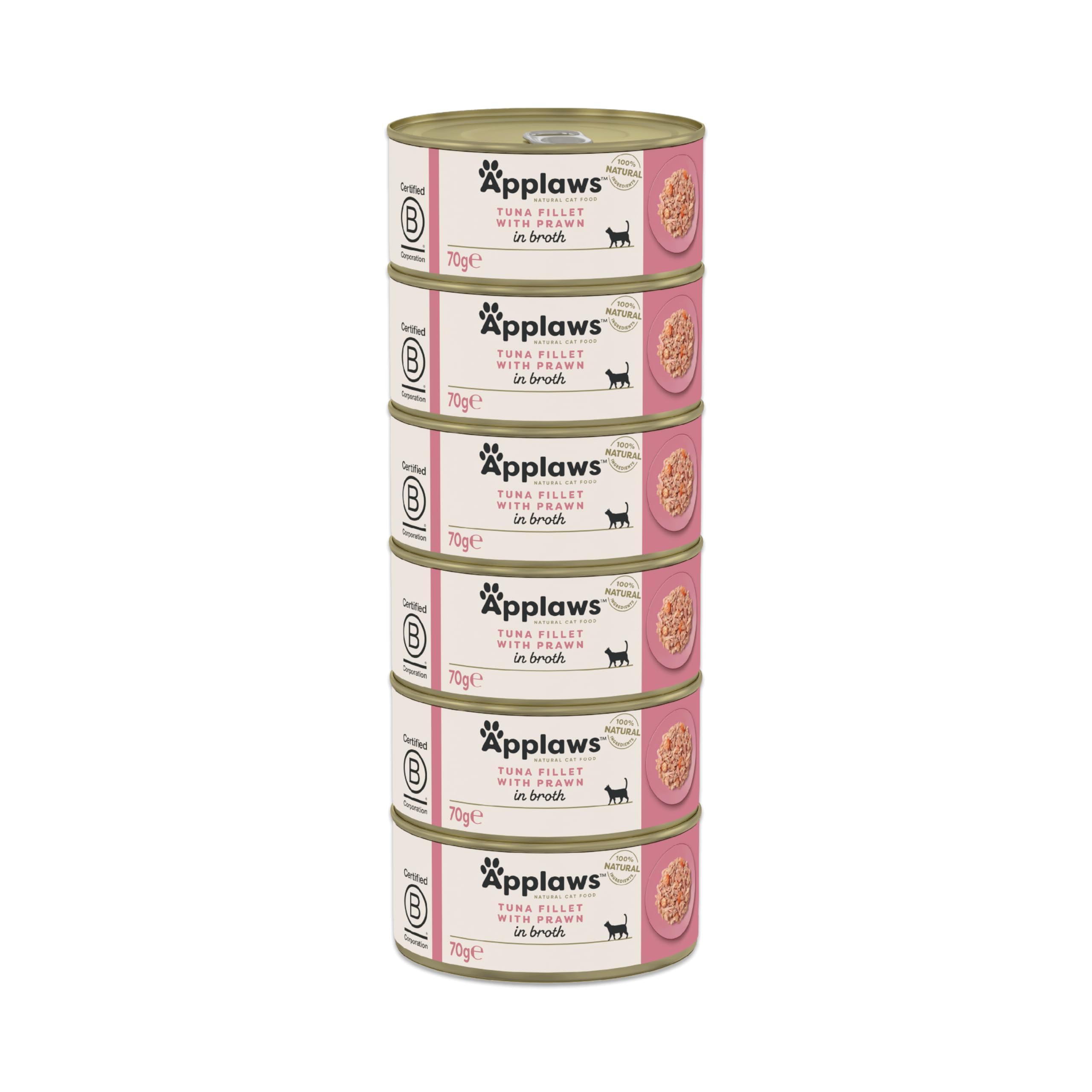 Applaws 100% Natural Wet Cat Food, Tuna Fillet with Prawn, 70g Tins Pack of 6