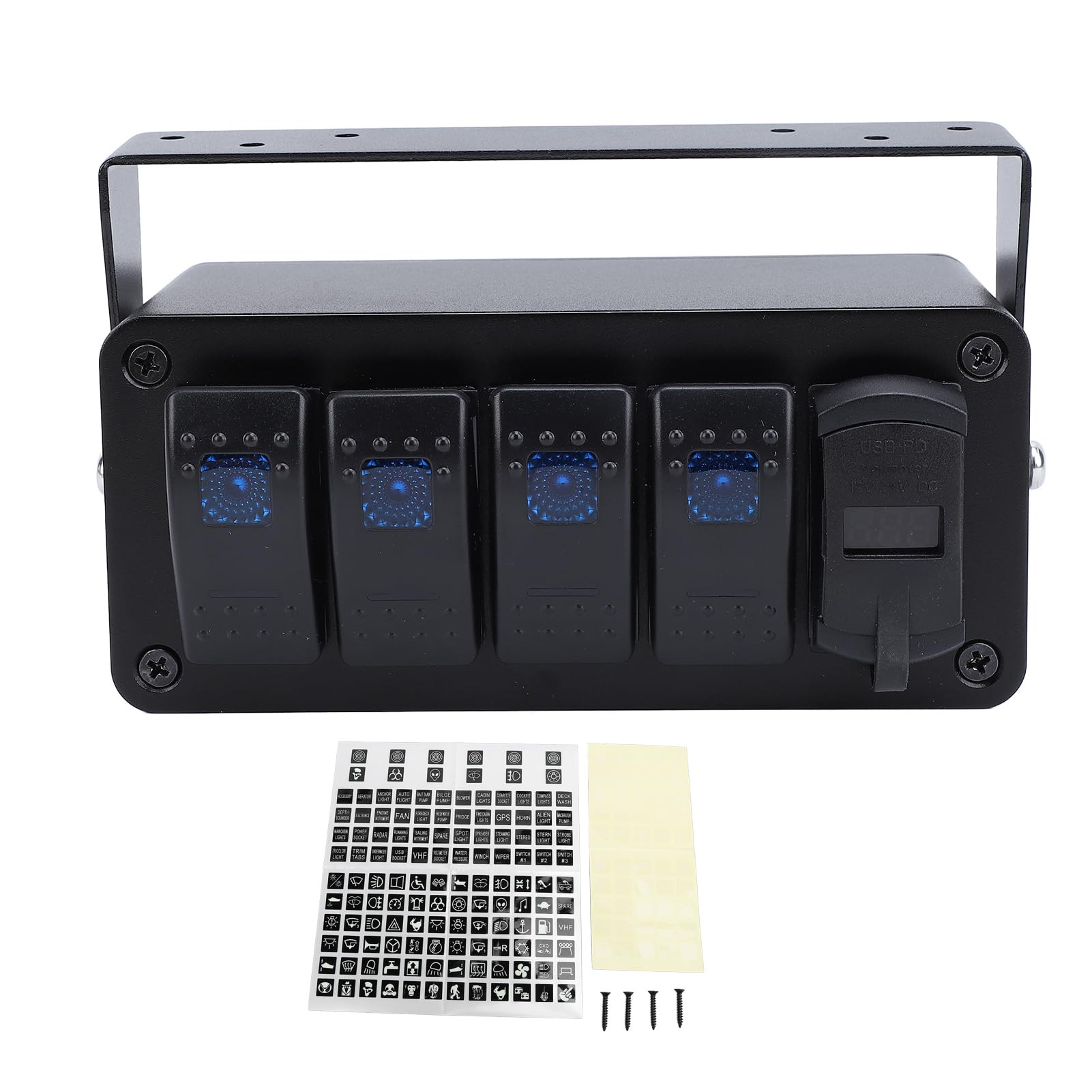 Panel Przełączników Kołyskowych 4-krotny z ładowarką USB Typu C QC3.0 PD, Wodoodporny Stop Aluminium, do Samochodów Ciężarowych łodzie RV UTV ATV (niebieskie światło)