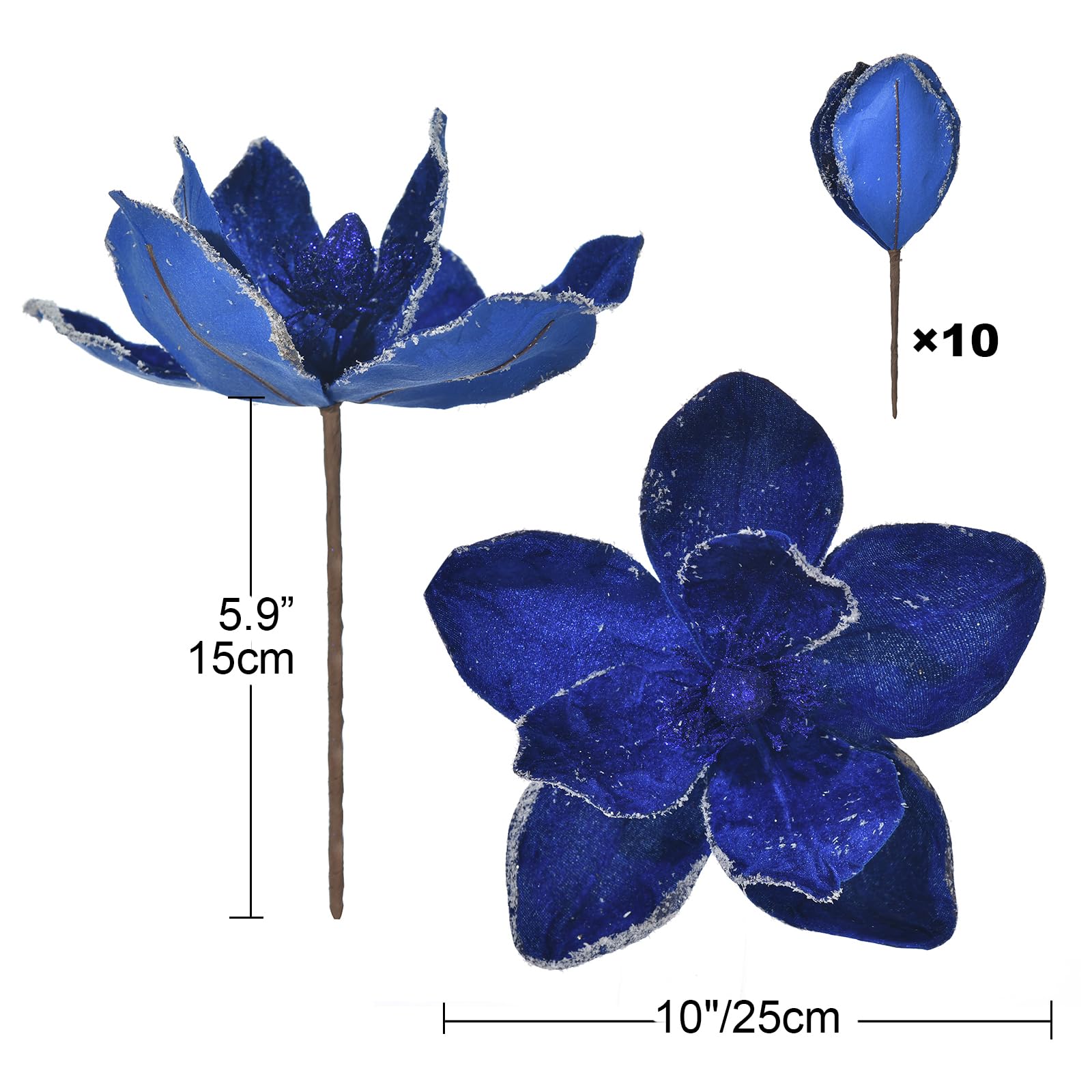 Adornos florales artificiales grandes de 10 pulgadas, flores de Pascua de terciopelo, magnolia, tallos para decoración de árbol de Navidad, paquete de 10 unidades para árbol de Navidad, fiesta,