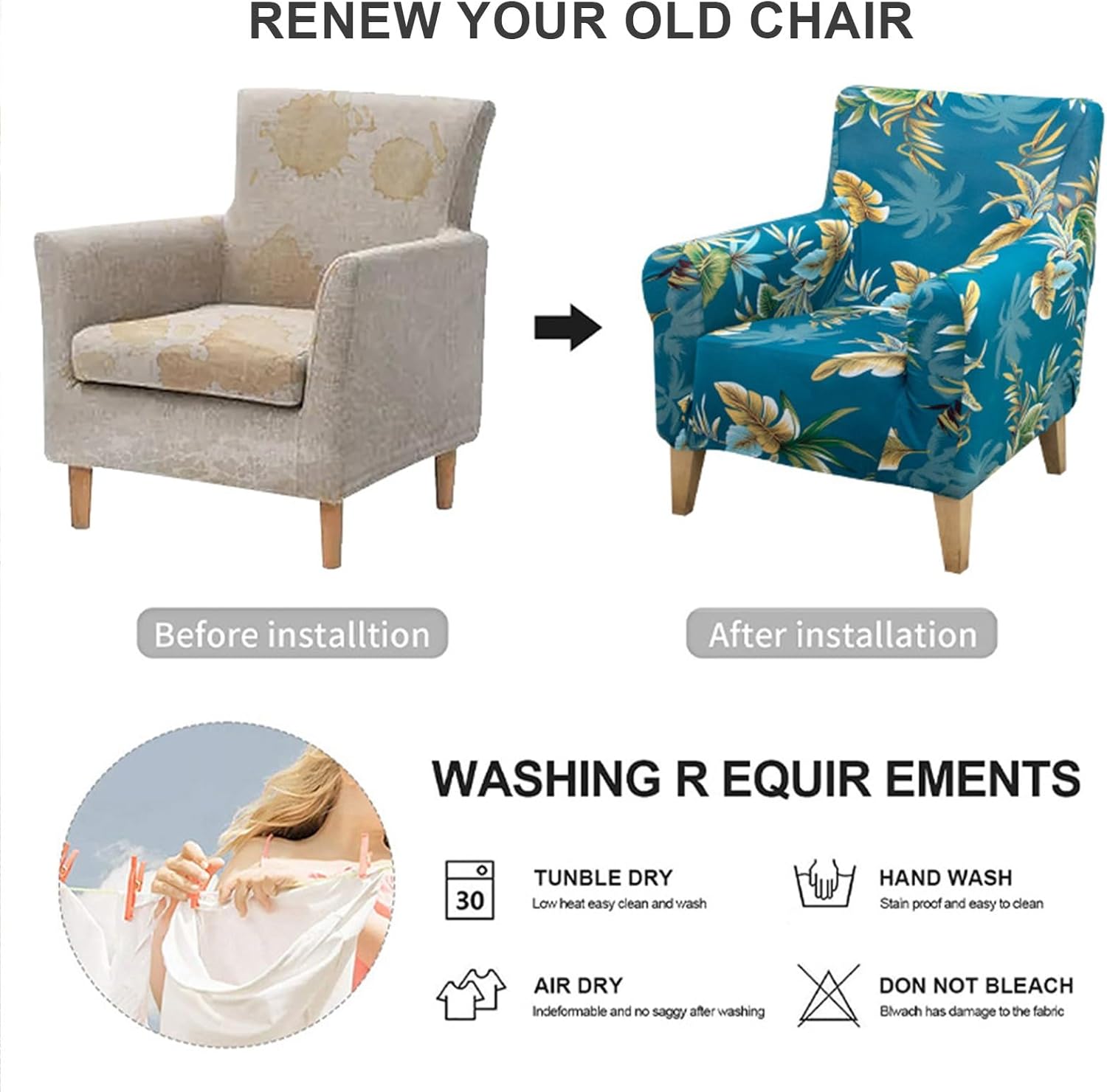 プリントアームチェアスリップカバー バンケットチェアカバー アーム付き1ピース ストレッチチェアカバー リビングルーム用 滑り止め