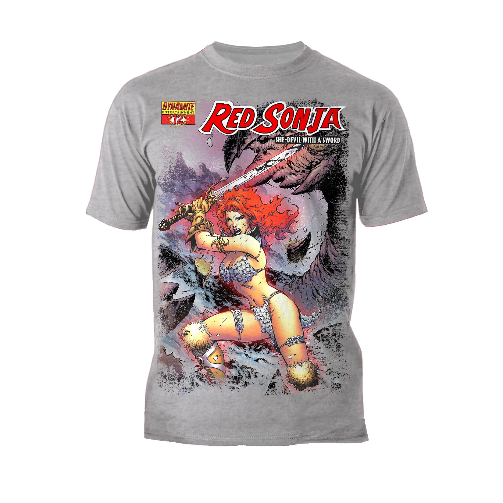 Red Sonja Men's Sports Grey Jim Lee Comic Cover Unisex T-Shirt | Official She-Devil With A Sword Graphic Tee | Fantasy Warrior Queen Vintage Style Gift For Fans | Soft Cotton Collectible Geek - XXX-Large