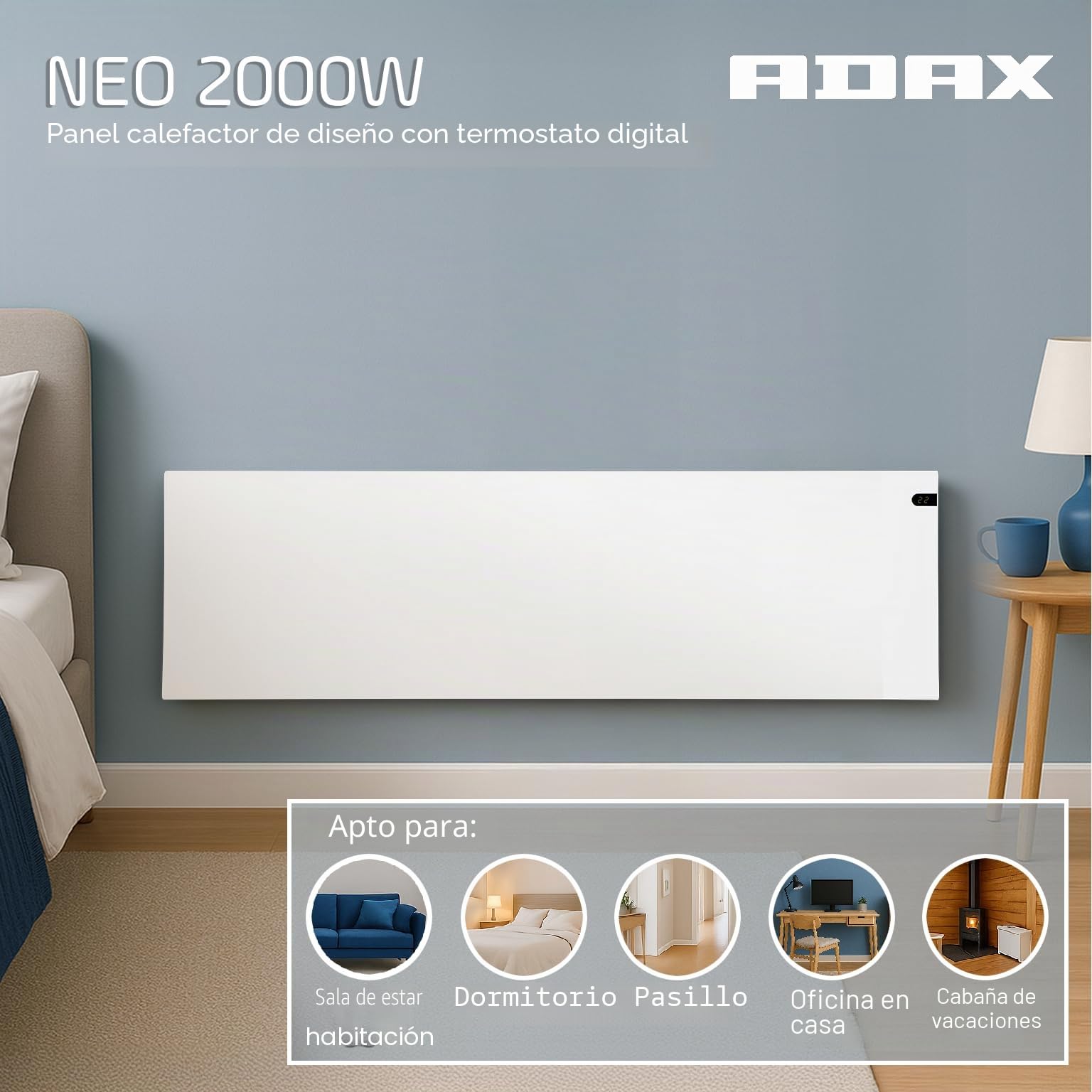 Adax Neo NP - Radiador Electrico Bajo Consumo 2000W | Calefactor Bajo Consumo | Radiador eléctrico moderno | Altura 370mm | Calefactor Electrico KDT Blanco | IP20