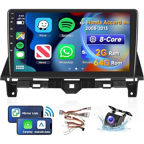 [8 CORE 2G+64G] Car Radio for Honda Accord 8th 2008-2013 with Wireless Carplay/Android Auto, 10.1 Inch Android 13 IPS Touch Screen Car Stereo, Bluetooth, GPS, WiFi, SWC, DSP + Backup Camera