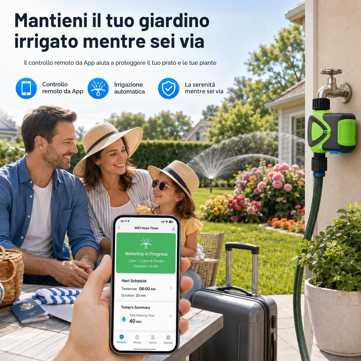 Timer Irrigazione WiFi senza Hub, Programmatore Irrigazione Smart con Controllo App 2,4 GHz, Irrigazione Automatica, Conto alla Rovescia, Programmazione, IP65 per Giardino Prato Serra