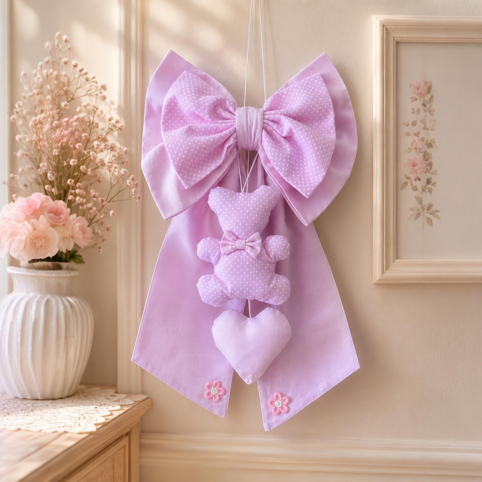 Fiocco Nascita in tessuto di Cotone, con Orsetto e Cuore, 30x50 cm, Decorazione Artigianale (Rosa)