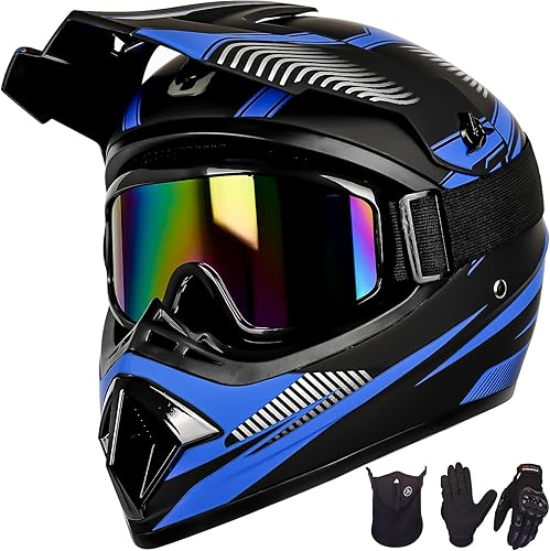 Youth Kids Motocross Helmet Full Face Motorcycle Dirt Bike Off-Road Mountain Bike BMX MX ATV Helmet with(Gloves Goggles Mask) 4Pcs Set - DOT Approved