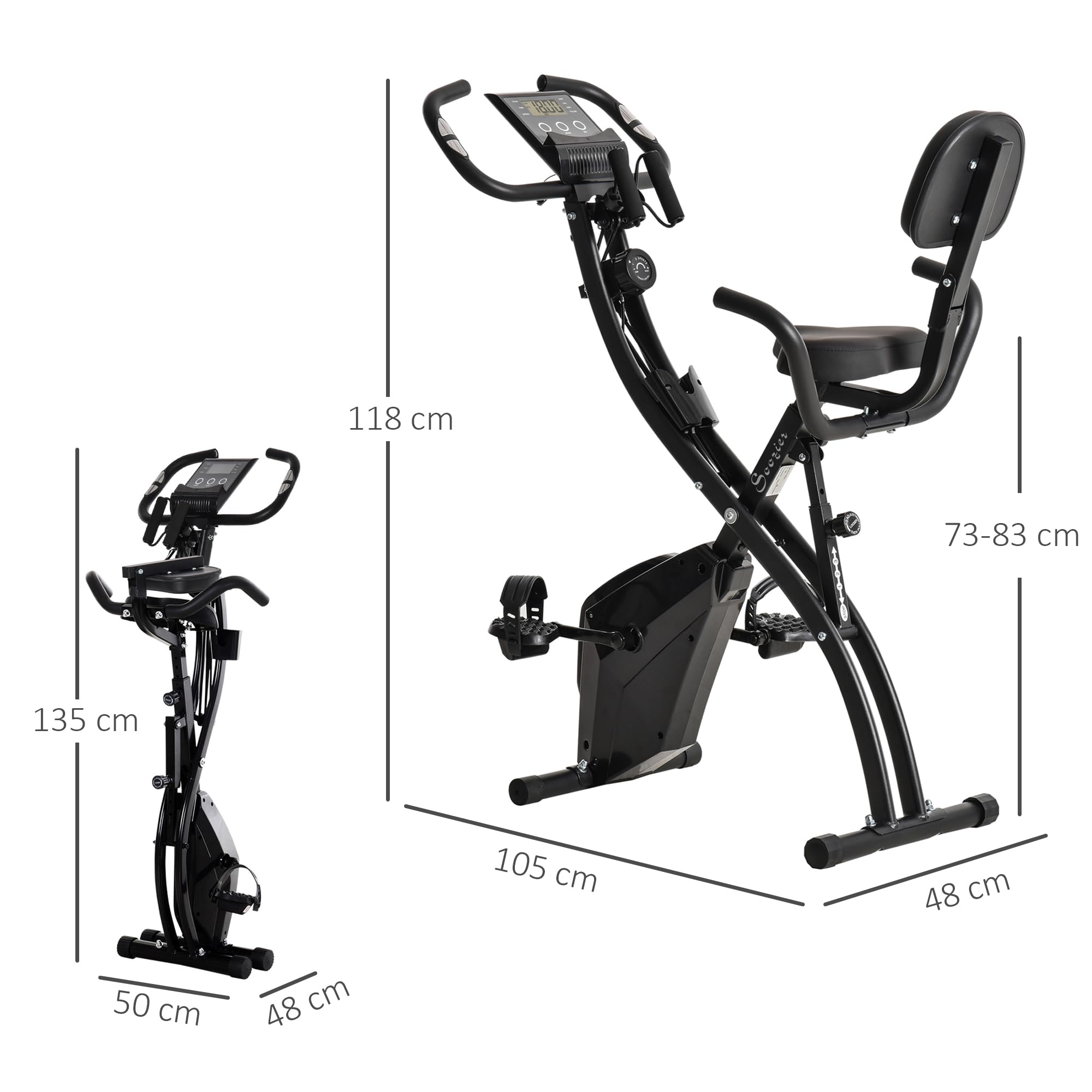 HOMCOM Składany rower treningowy, rower treningowy, domowy czas dla dorosłych, 8 poziomów oporu magnetycznego, ręczny czujnik pulsu, wielofunkcyjny wyświetlacz LCD, regulowane siodełko, stal