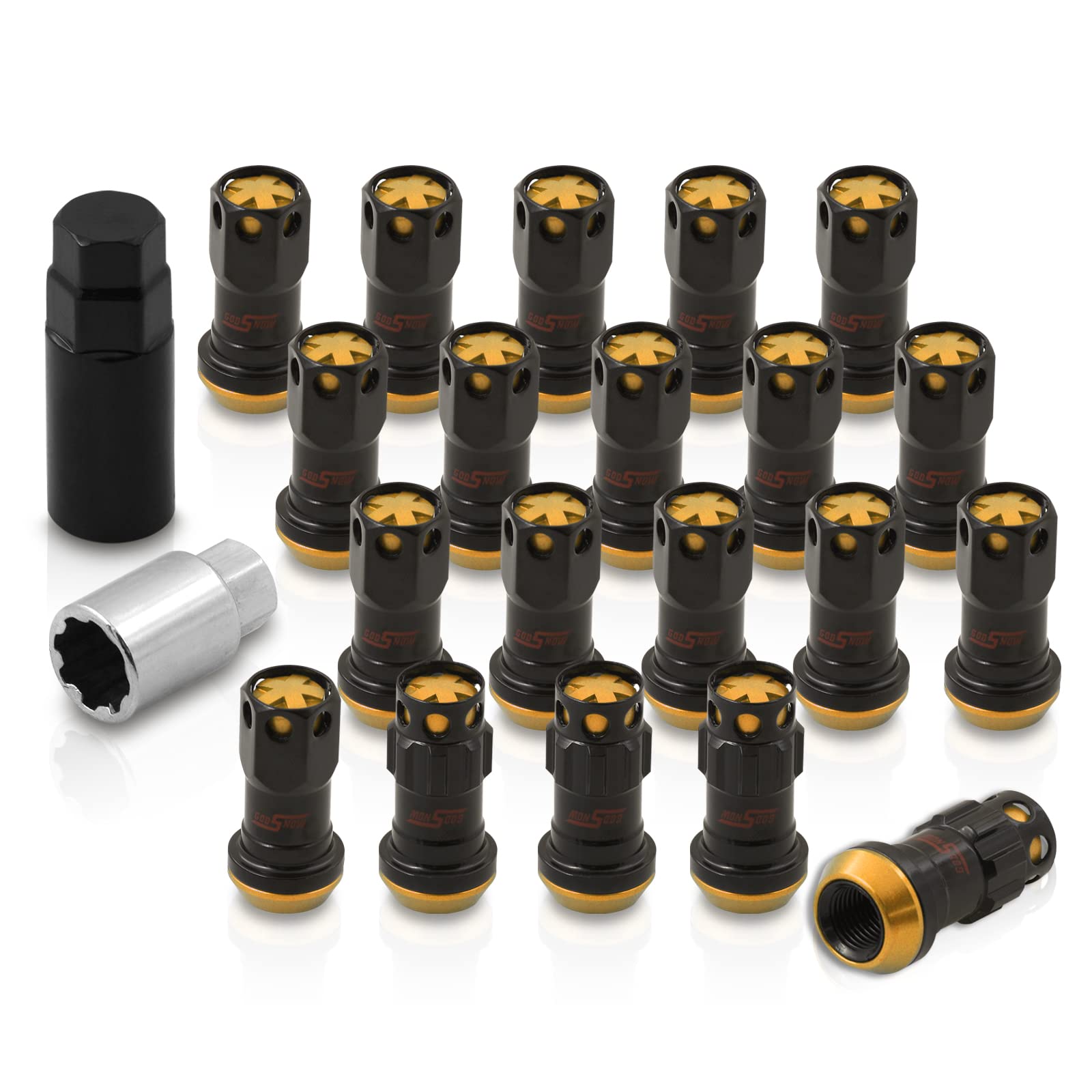 AJP Distributors 20 Piece Universal M12x1.25 Open or Closed End Steel Lug Nuts, 20pc M12 x 1.25MM Lug Nut Set + Locking Adapter Key Socket Wheels Rims JDM VIP Kit Black Body Gold Cap