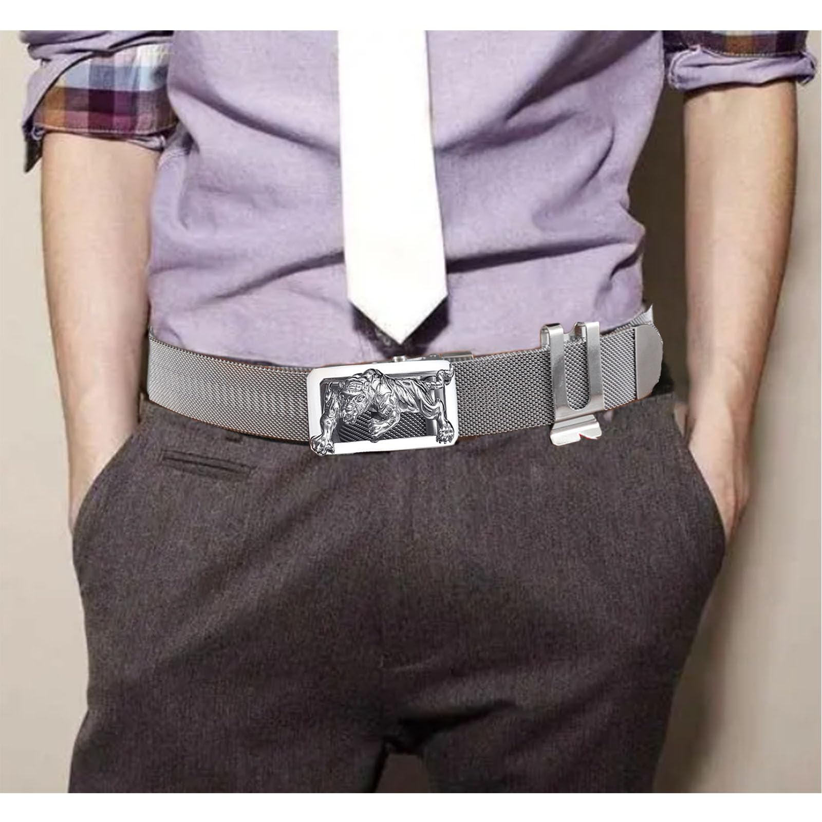 Cinturón de Metal para Hombre, Cinturón de Metal para Hombre, Hebilla de Rodillo de Animal Grabada en Acero Inoxidable 304 Cinturón Trenzado para Hombre, Cinturón de Pantalones Anticuerpo Al