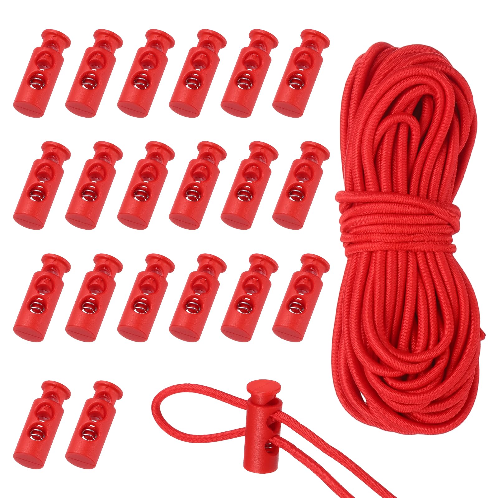 sourcing map 20 Pcs Plastic Cord Locks & 5M/16 ft Elastic Cord, Double-Hole Toggles for Drawstrings End Stopper Fastener Slider Toggles Clip for Shoelaces Backpacks Replacement, Red