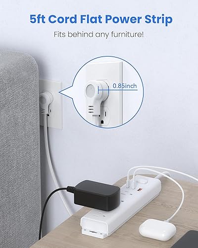 Miniatura 4 de ACEMO Regleta protectora de sobretensiones, cable de extensión de 5 pies con 4 tomas, puertos USB de carga rápida de 30 W, enchufe plano para
