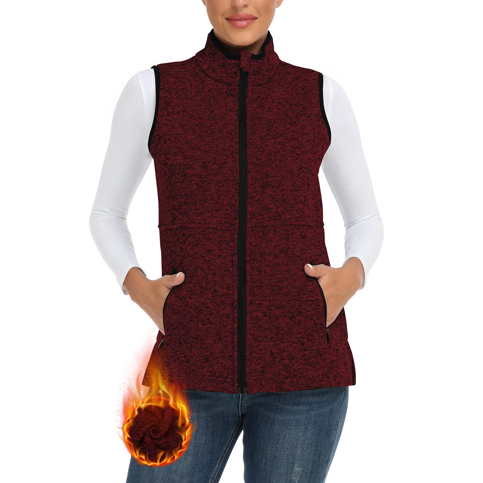 Soneven Fleece Weste Damen Outdoor Fleeceweste Warm Gefüttert Ärmellose Jacke mit Reißverschluss Tasche Standkragen Softshell-Weste Laufweste Thermoweste Strick für Wandern Winter