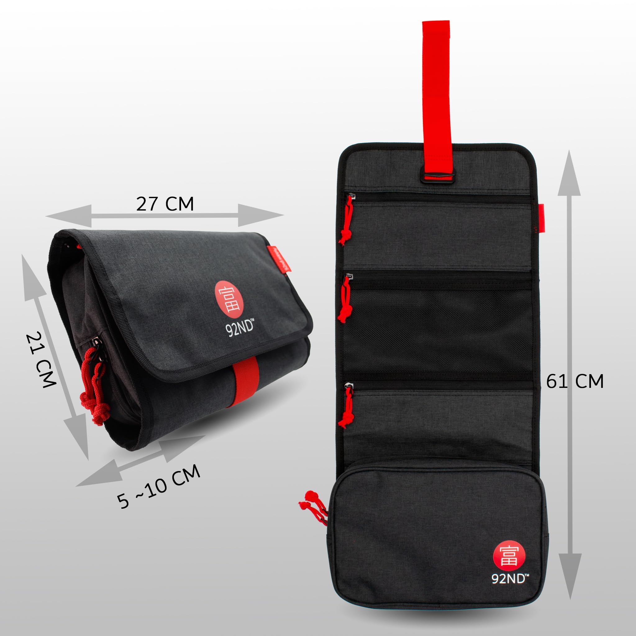 92ND.Supply, Neceser para hombre, neceser para hombre, colgar todos los compartimentos con cremallera, mucho espacio de almacenamiento mediante correas ajustables, cierre de . (gris), Negro , 61 x 27
