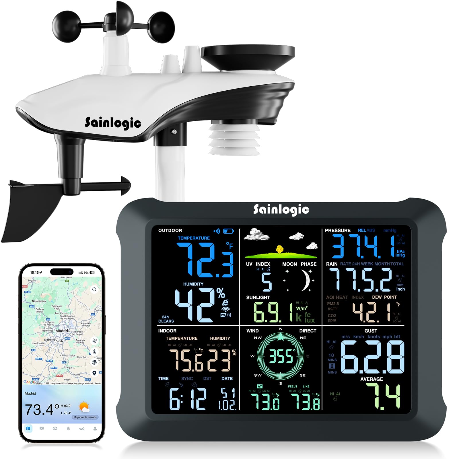 Sainlogic Estación Meteorológica WiFi SA9 con del Tiempo de 24/7 por Weatherseed® AI, Pantalla Grande de 8,5', UV, Pluviómetro, Anemómetro, Almacenamiento de Datos de 2 Años (Solo 2,4 GHz)
