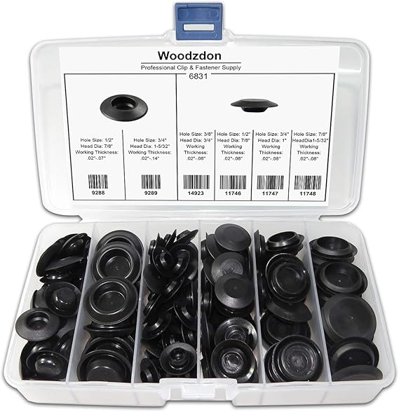Woodzdon 141 Pcs Plugs in Box Auto Body Black Plastic Hole Plug Button and Flush Mount Sheet