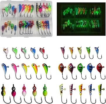 Ice Fishing Jigs Kit, 30pcs Glow Ice Fishing Lures Luminous Ice Fishing Gear Winter Fishing Jigging for Crappie Pike Panfish Walleye Perch Bluegill