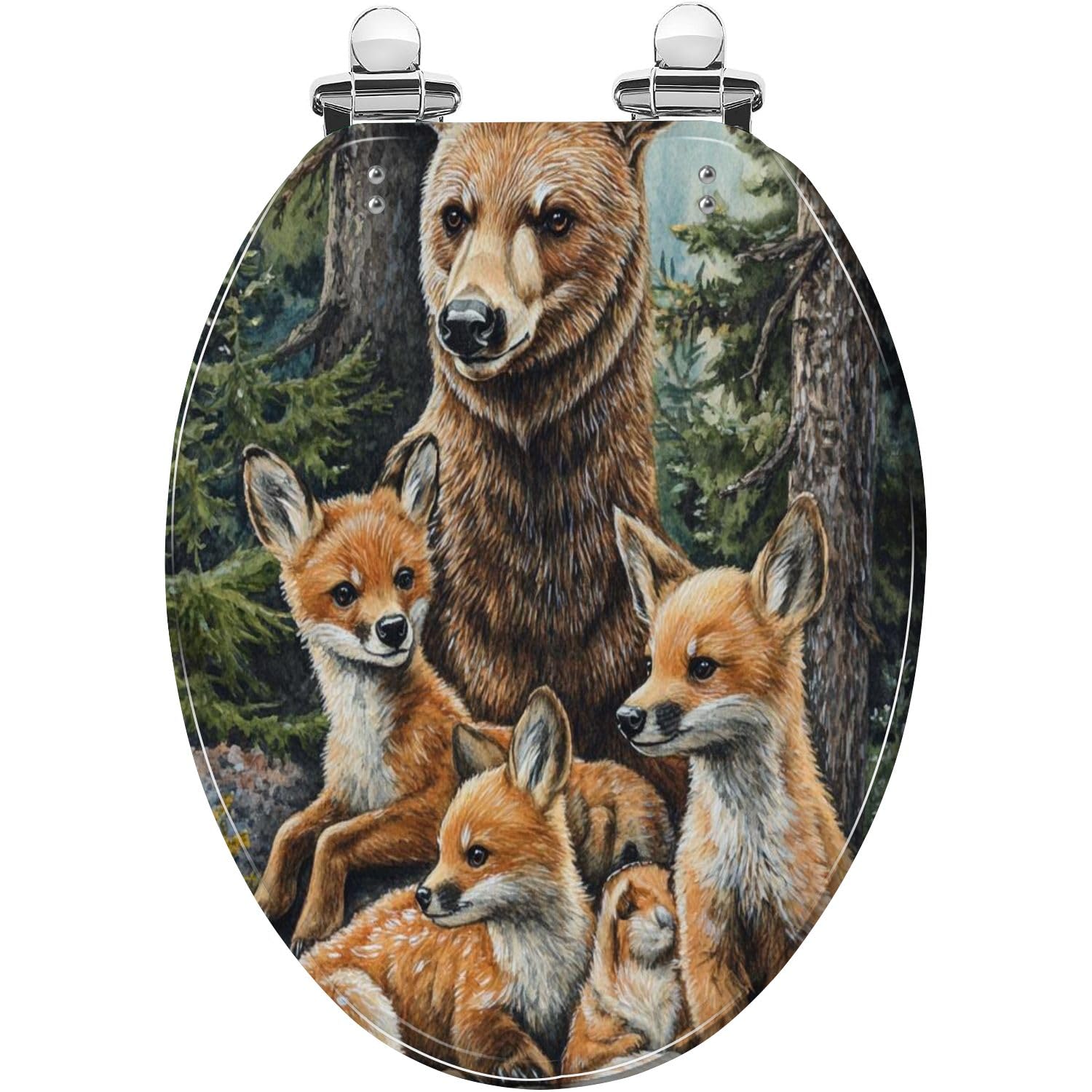 Elongated Toilet seat, resins Animal Bears Deer Fox Close Color Close Release Hinges Easy Install Cover, Adjustable, Lightweight, Durable, Portable, User-Friendly