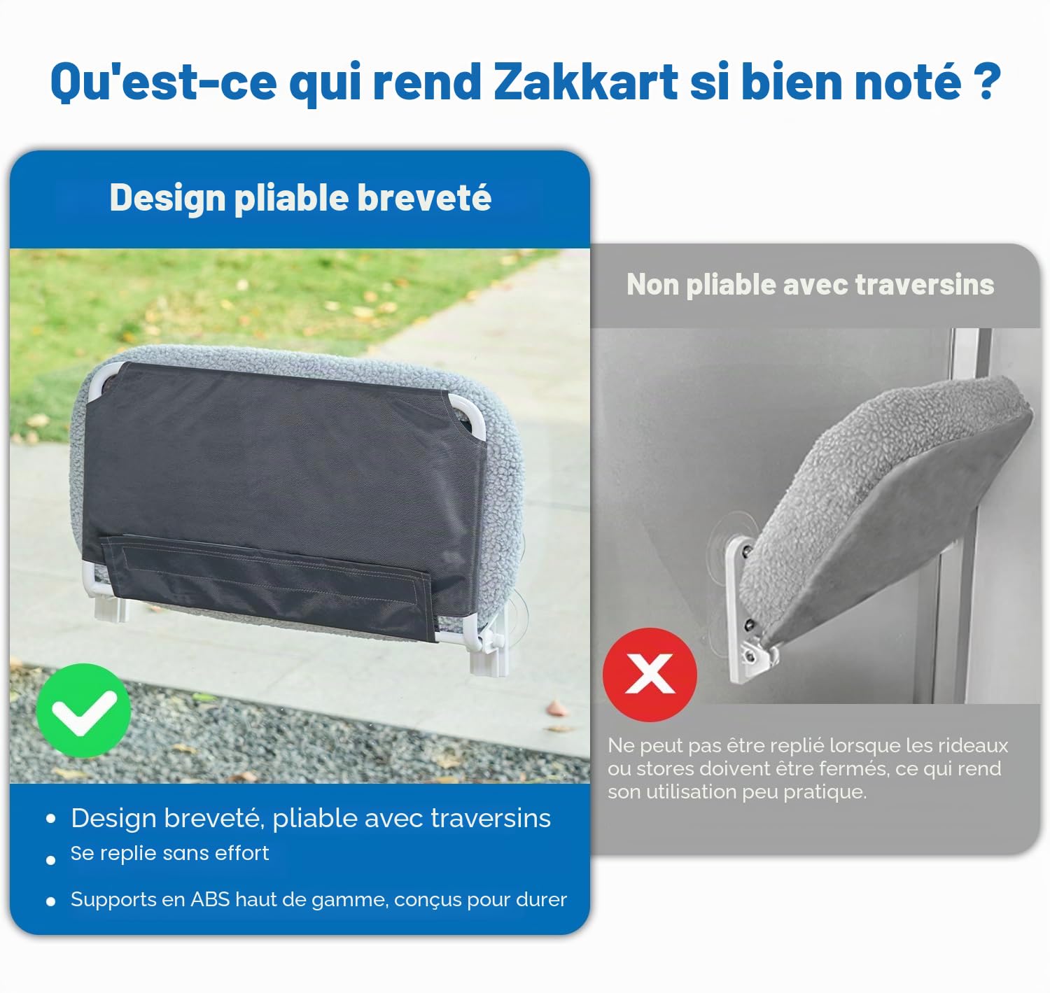 Zakkart Hamac Pliable pour fenêtre – sans Fil, Lavable en Machine, Cadre en métal Robuste et Supports ABS – Perchoir de fenêtre pour Chats et Chatons de Grande Taille (traversin Blanc, Taille L)