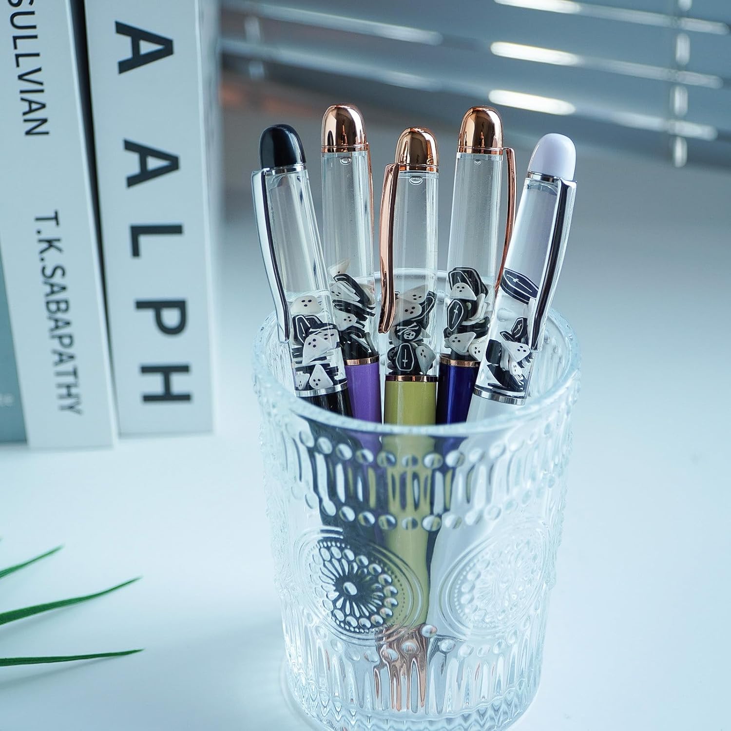 Ghost Skull Cross Black Eyes Halloween Floating Funny Pens Cute Floater Liquid Writing Journaling Office Pen Unique Gift For Women Men Set of 5 Pens