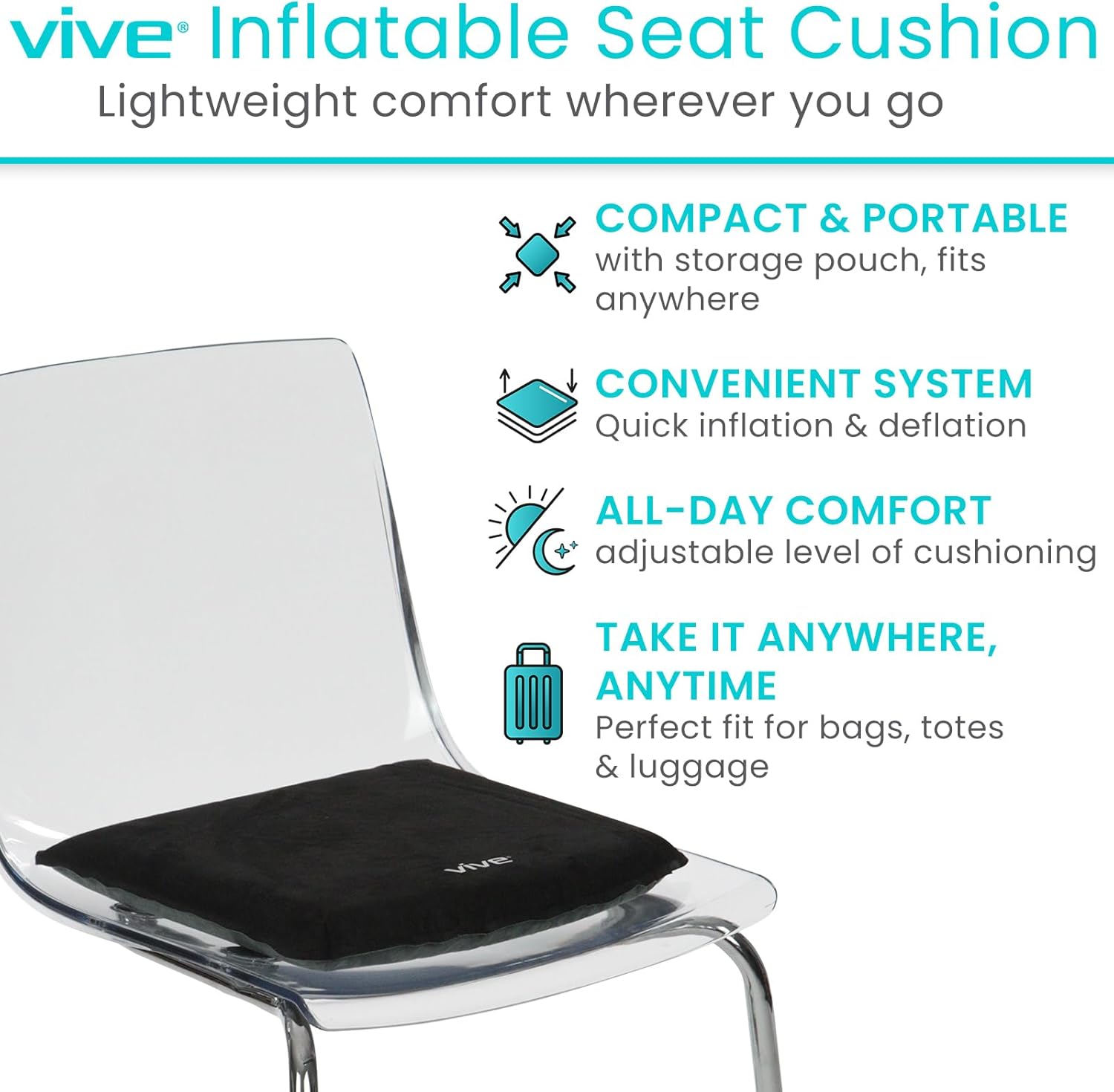 Vive Inflatable Seat Cushion - Portable Pad for Stadiums, Bleachers, Airplanes, Travel, Hiking, Camping, Backpacking, Sporting Events, Picnics - Lightweight Padded Seat Resistant to Tears & Snags