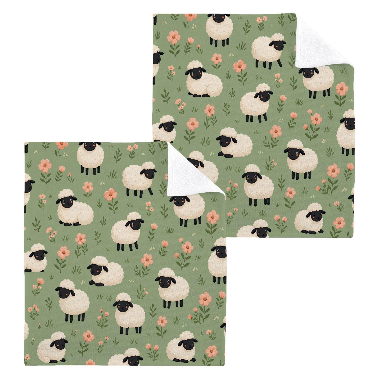 BOESI Meadow Sheep 12x12in Cotton Washcloth,Soft Absorbent Face Towel