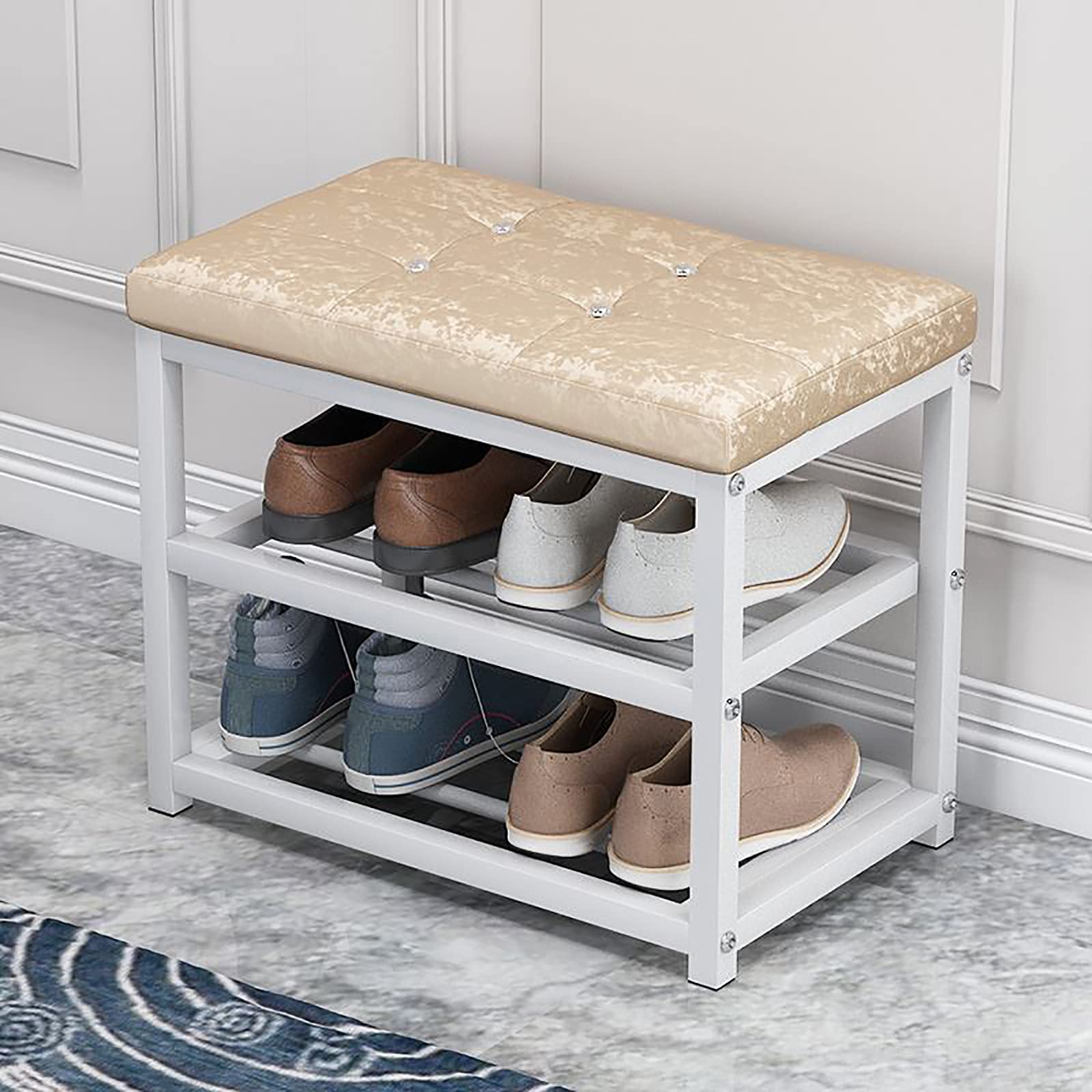 Banc à chaussures avec coussin velours et étagère métal 50x45x30 cm