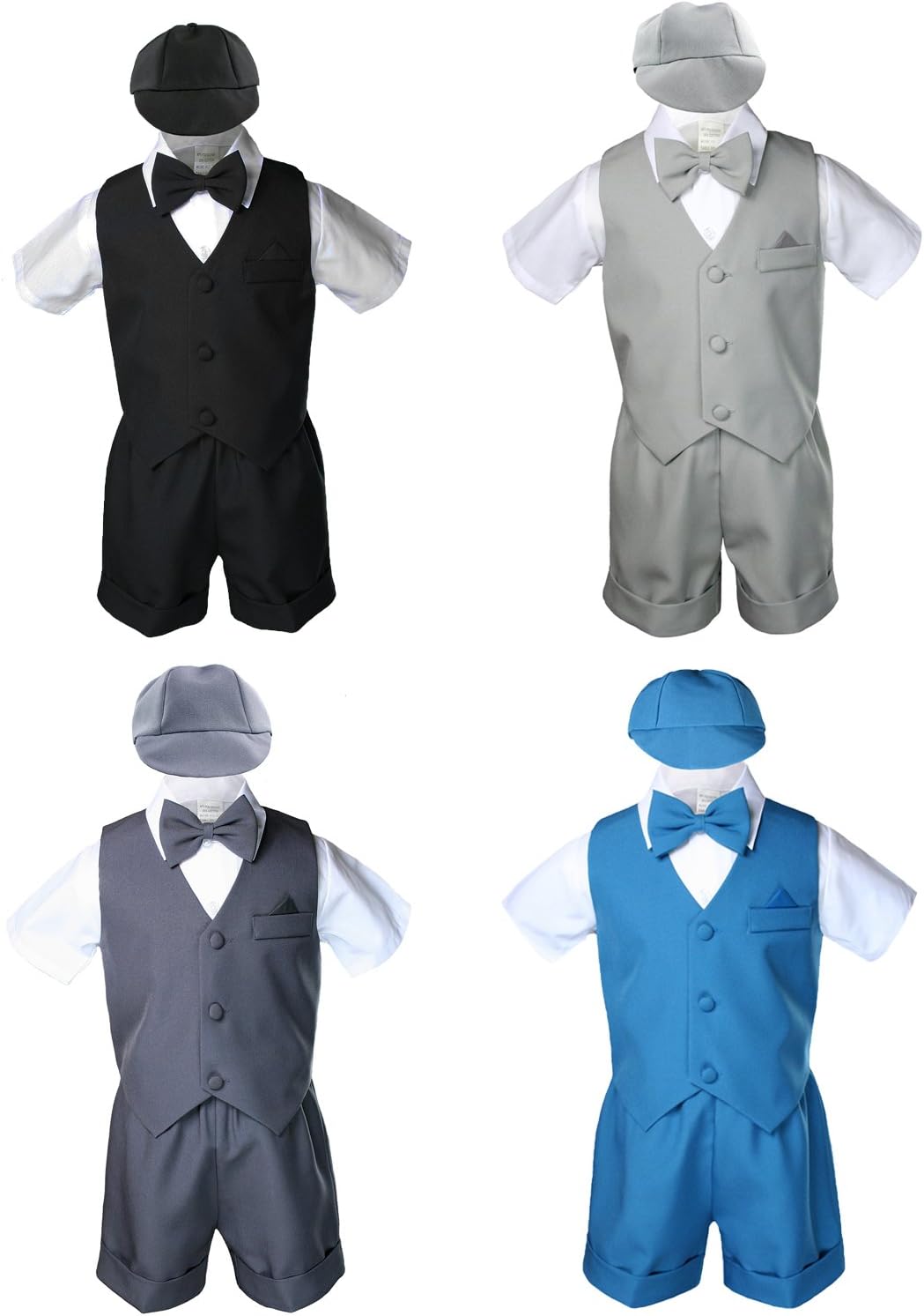 5pc Baby Boy Toddler Eton Formal Party Vest Shorts Set Suits w/Bow tie Hat S-4T