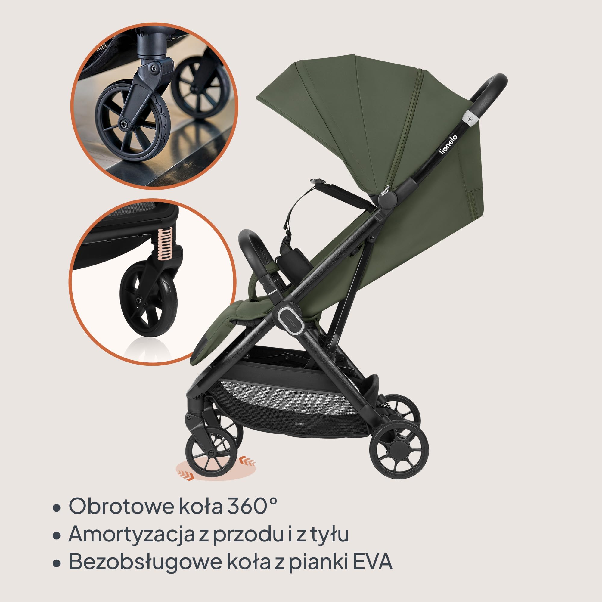 LIONELO Spacerowy Wózek Dziecięcy Bess do 22 kg od 6 m do 4 lat Obrotowe Koła PU 360° Składany Jedną Ręką, Regulacja Oparcia, Wodoodporny Daszek Lekki 7,5 kg, Kosz Zakupowy