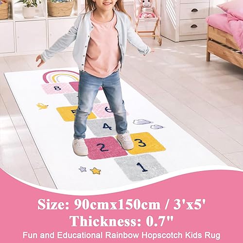 Miniatura 6 de HiiARug Hopscotch - Alfombra para niños, de 3 x 5 pies, divertida y educativa, alfombra suave y duradera de arco iris, alfombra de juego para niños,