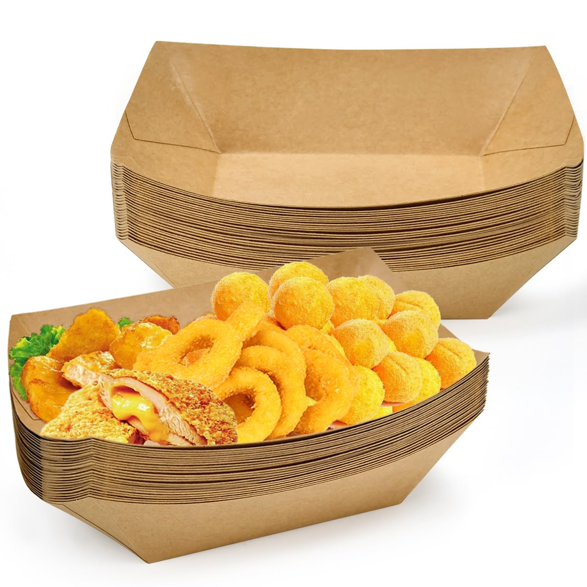 Olrwslg Brown 50 Pcs Kraft Paper Food Trays, 20Cm Food Tray Containers Holder Baskets Cardboard Food Containers Take Out Food Serving Boats Cardboard Bowls Medium Plates For Chips Bbq Snacks Tray