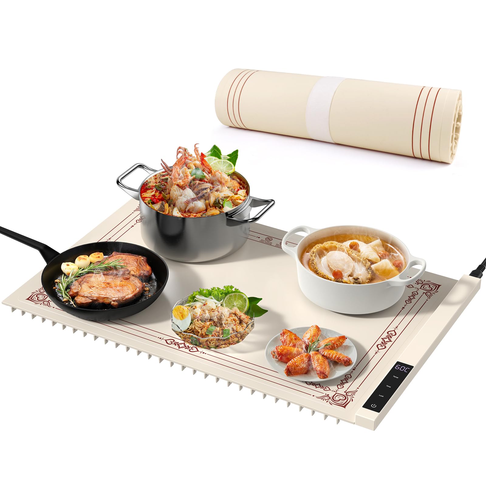 Electric warming Tray Easy clean Full surface heating Super Silicone Material 3 Temperature Settings Timer setting Auto stop Child lock (Traditional pattern), Red print, EW-001