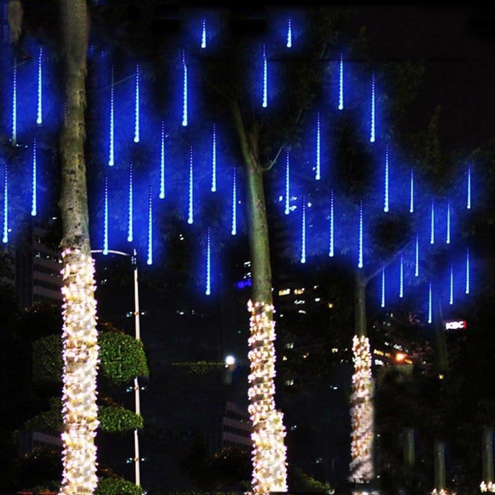 LED Meteor Shower Rain Lights Falling Rain Drop String Lights Waterproof Icicle Snow Fall Lighting with 30cm 8 Tube 144 Leds for Holiday Xmas Tree Valentine Wedding Party Decoration (Blue, UK Plug)