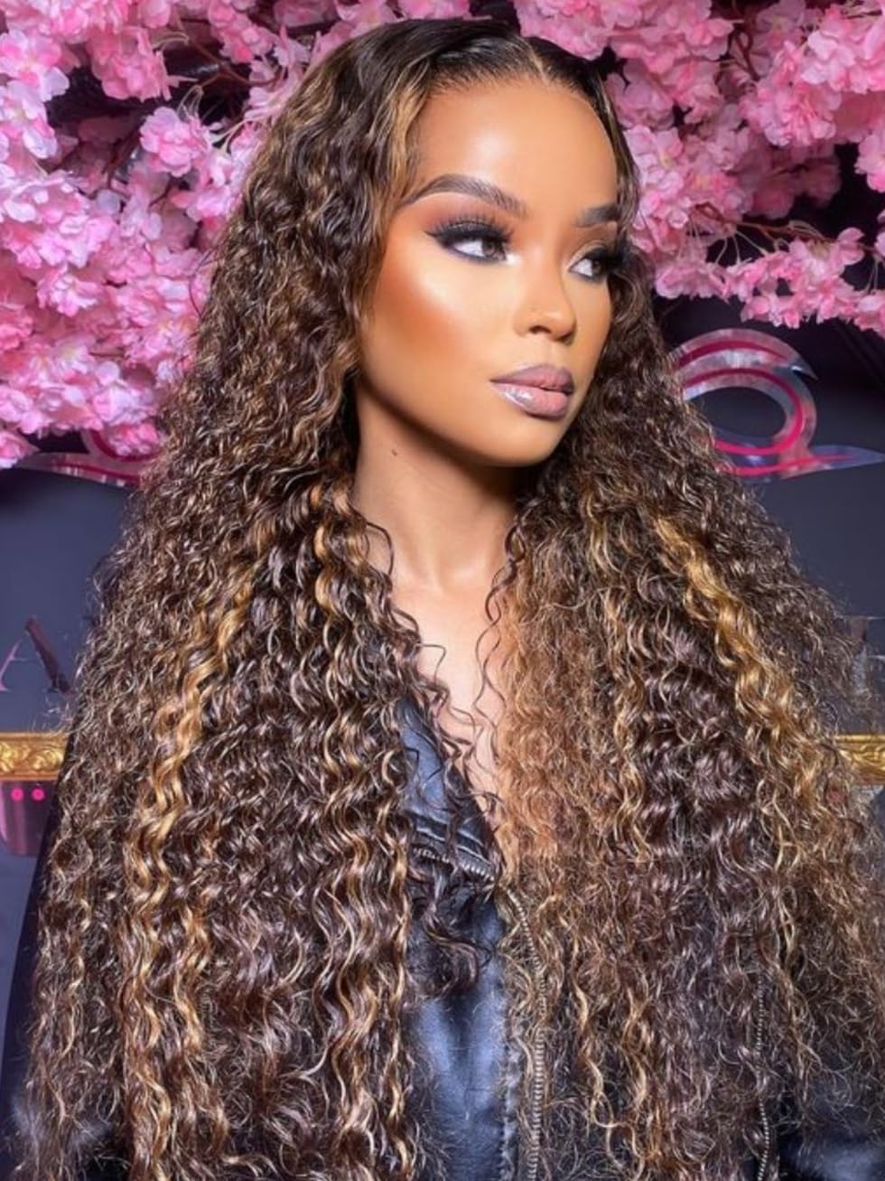 UNICE Bye Bye Knots Glueless Wig Pre Plucked Pre Cut Water Wave 7x5 Lace Front Wigs Human Hair Wet and Wavy Put on and Go Glueless Human Hair Wig 150% Density 24 inch: 24 Inch Golden Brown Highlight | 7x5 Lace Pre Plucked | Water Wave