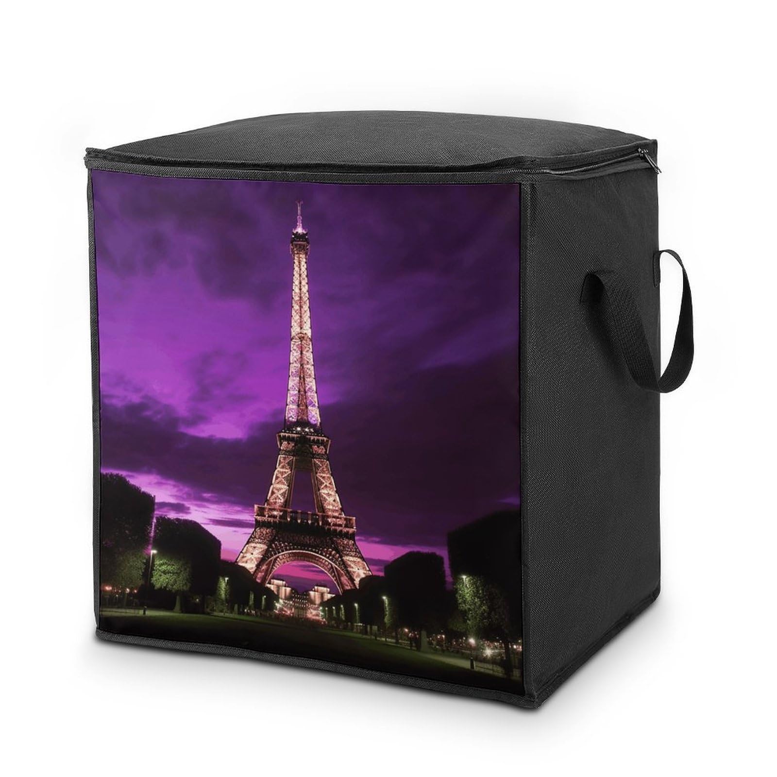 Purple Eiffel Tower Storage Bags Comforter Quilt Blanket Clothes with Zipper & Handles Easy to Fit King Size Comforter Set Closet Under Bed Organizer for Dorm Pillows Bedding 70L