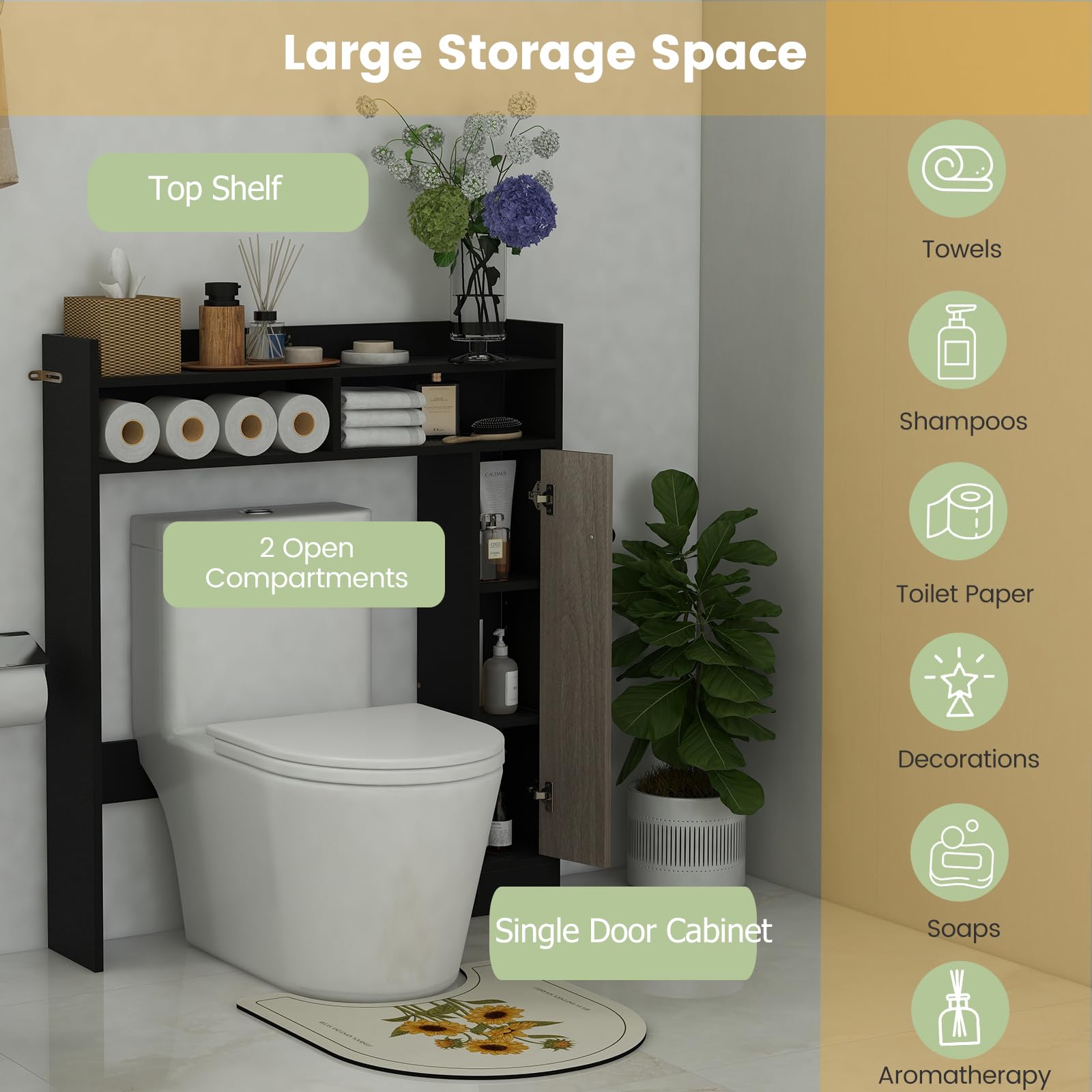 LIFEZEAL Estantería sobre Inodoro para Baño, Mueble de Almacenamiento con una Puerta Encima Inodoro, Armario con Estantes y Barra Ajustables, Organizador de Baño, Ahorro de Espacio (Negro)