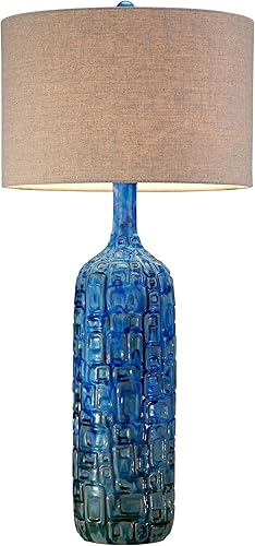 Miniatura 7 de Possini Euro Design Lámpara de mesa de estilo moderno de mediados de siglo, azulejos de cerámica, color verde azulado alto, tela de lino tostado,