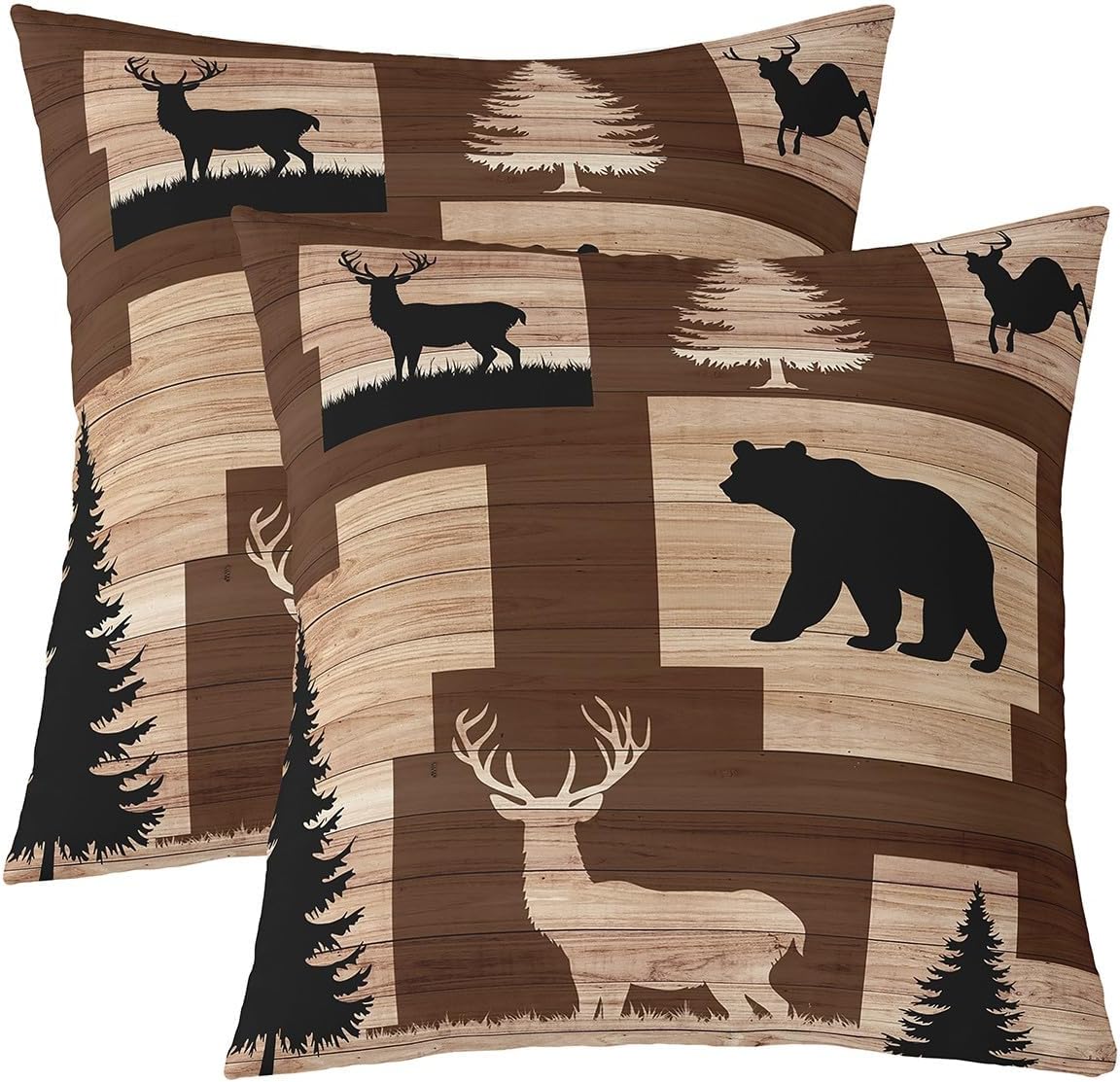 Pack of 2 Rustic Cabin Lodge Throw Pillow Covers 20x20 Inch, Hunting Elk Deer Bear Pillow Covers for Couch Sofa