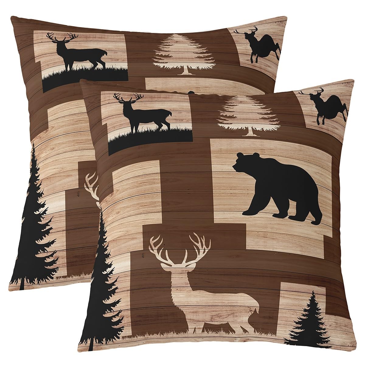 Rustic Farmhouse Throw Pillow Covers Set Of 2 - Moose Lodge & Buffalo Plaid Design, 20x20 Inches