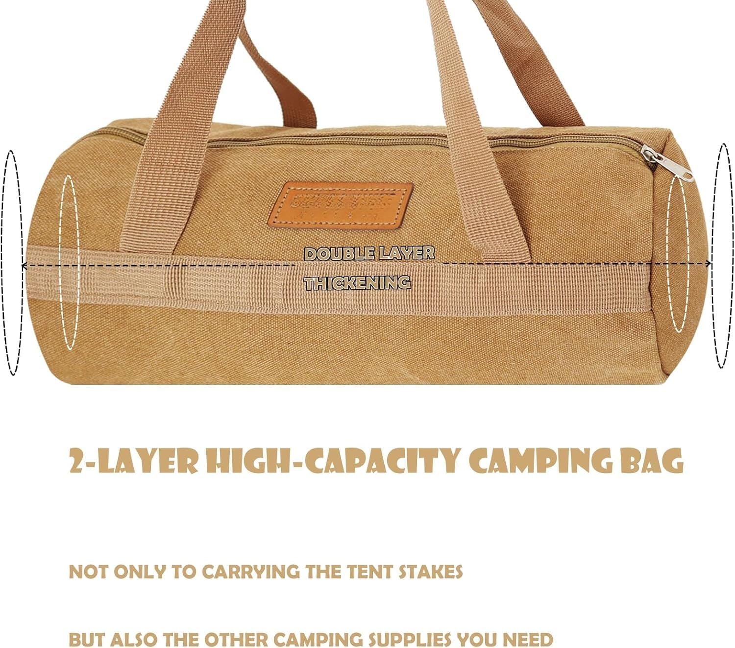 Tent Stakes Bag, Double Layer Tent Pole Pegs Storage Bag, Camping Accessories Large-Capacity Canvas Tool Bag with Zipper for Man Camping, Hiking (40cm Khaki)