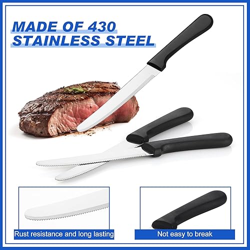 Miniatura 3 de Zhehao Juego de 100 cuchillos de carne de acero inoxidable de 8.39 pulgadas, cuchillo de carne dentado de cabeza redondeada con mango negro de