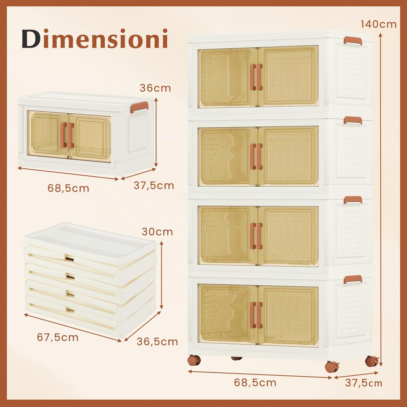 COSTWAY Contenitori Pieghevoli con Coperchio, Set da 4/3 Scatole di Plastica Impilabili con Ruote, per Organizzatore di Armadio con Porte a Apertura Frontale, Multiuso (68,5 x 37,5 x 140 cm)
