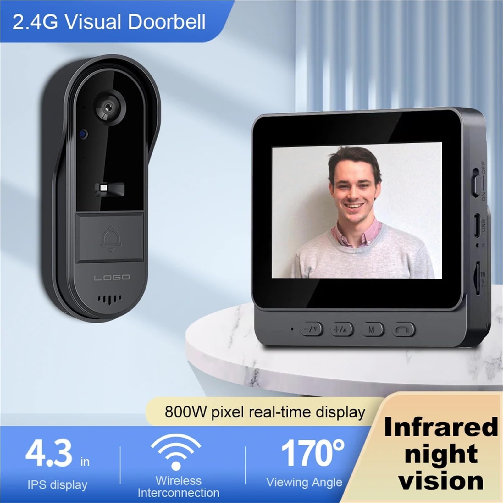 Timbre con vídeo Inteligente Timbre Visual inalámbrico, Pantalla IPS y visión Nocturna, Seguridad Mejorada for el hogar, 2.4G, WiFi, 4.3 Pulgadas para hogares Inteligentes, oficinas y hogares