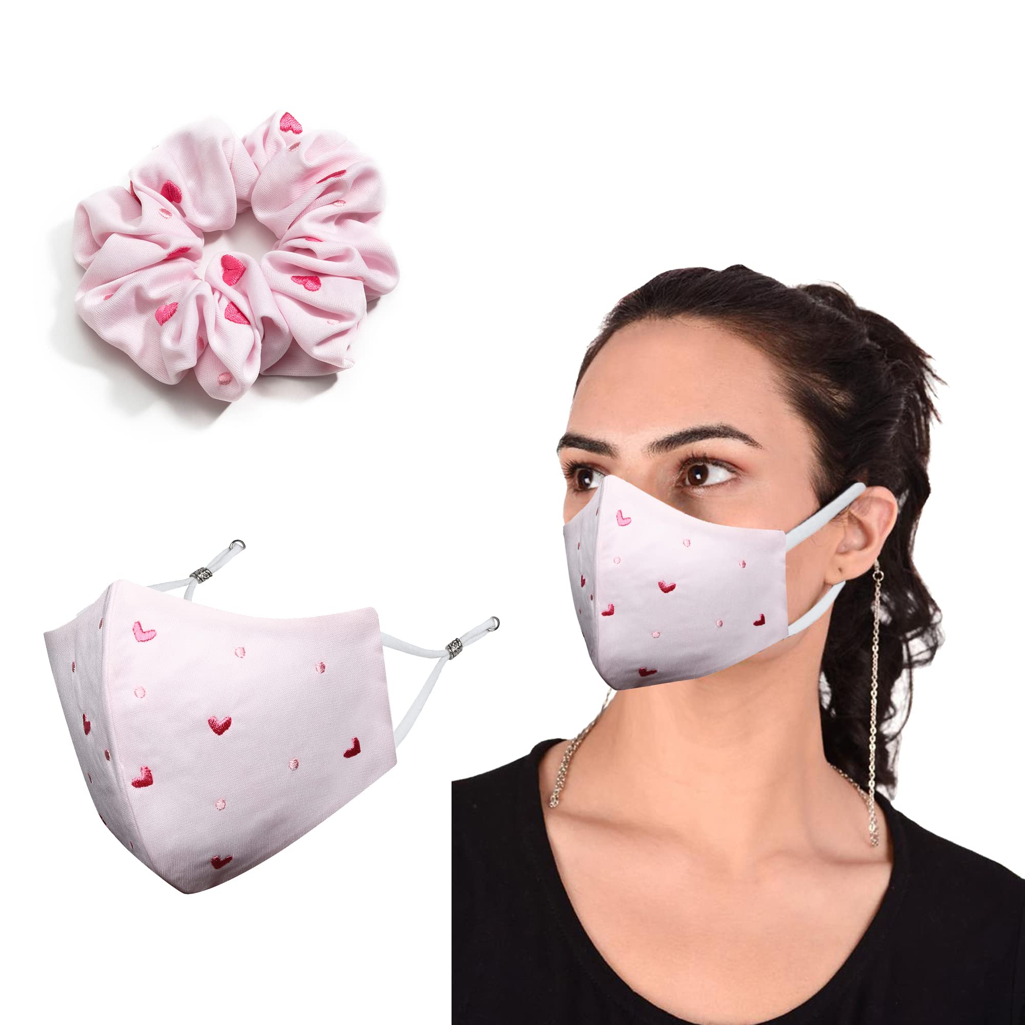 masq by Q-One Heart Embroidered, Scrunchie & 4 Layer Cotton Cloth Face Mask Combo with Detachable Chain for Women in Medium Size (Pink, Pack of 2)-picture-38
