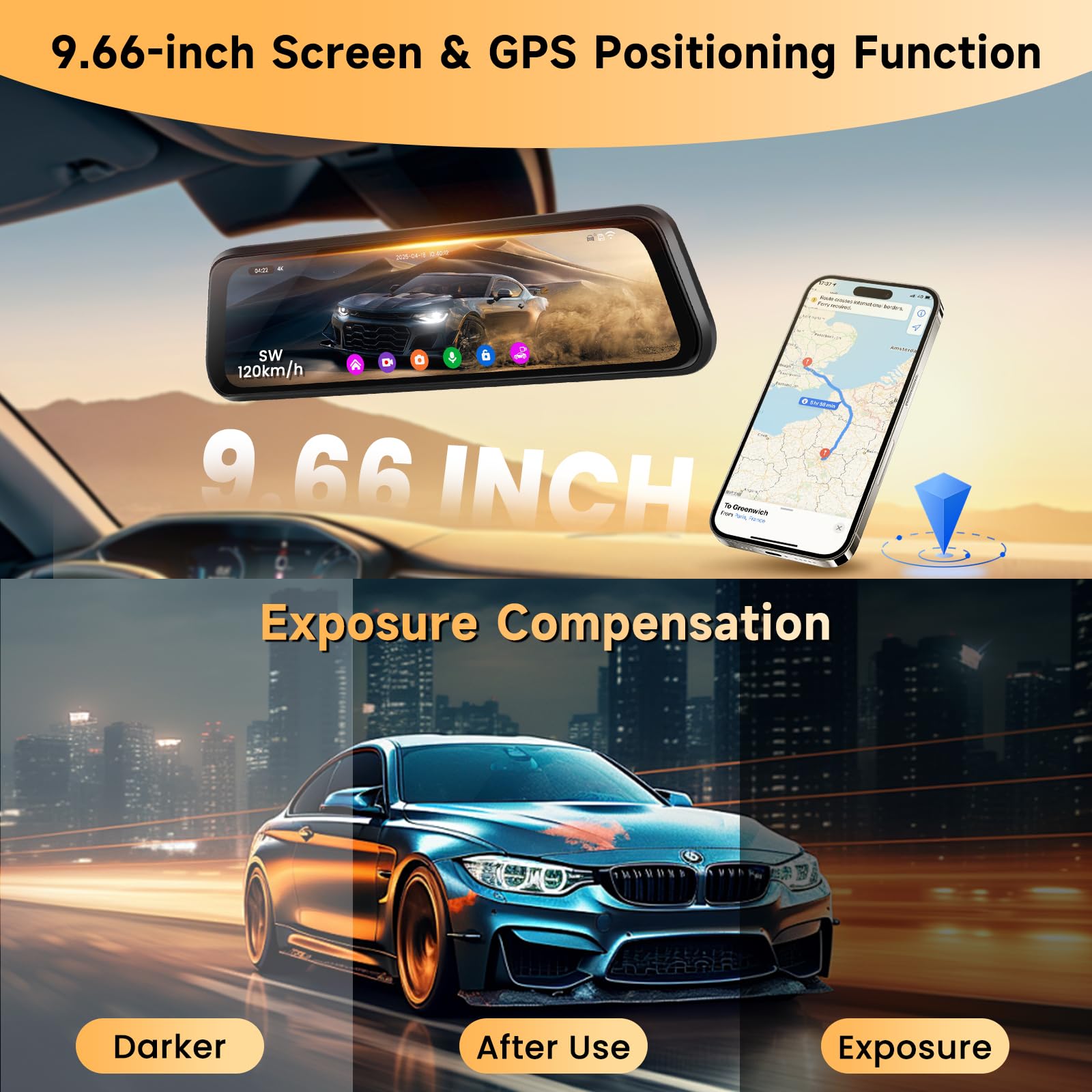 4K Specchietto Retrovisore Dash Cam WiFi GPS, ADAS BSD LCA, Telecamera Anteriore e Posteriore 1080P 9,66 Pollici Touch Screen Dashcam Auto Visione Notturna Registrazione in loop Monitor di Parcheggio