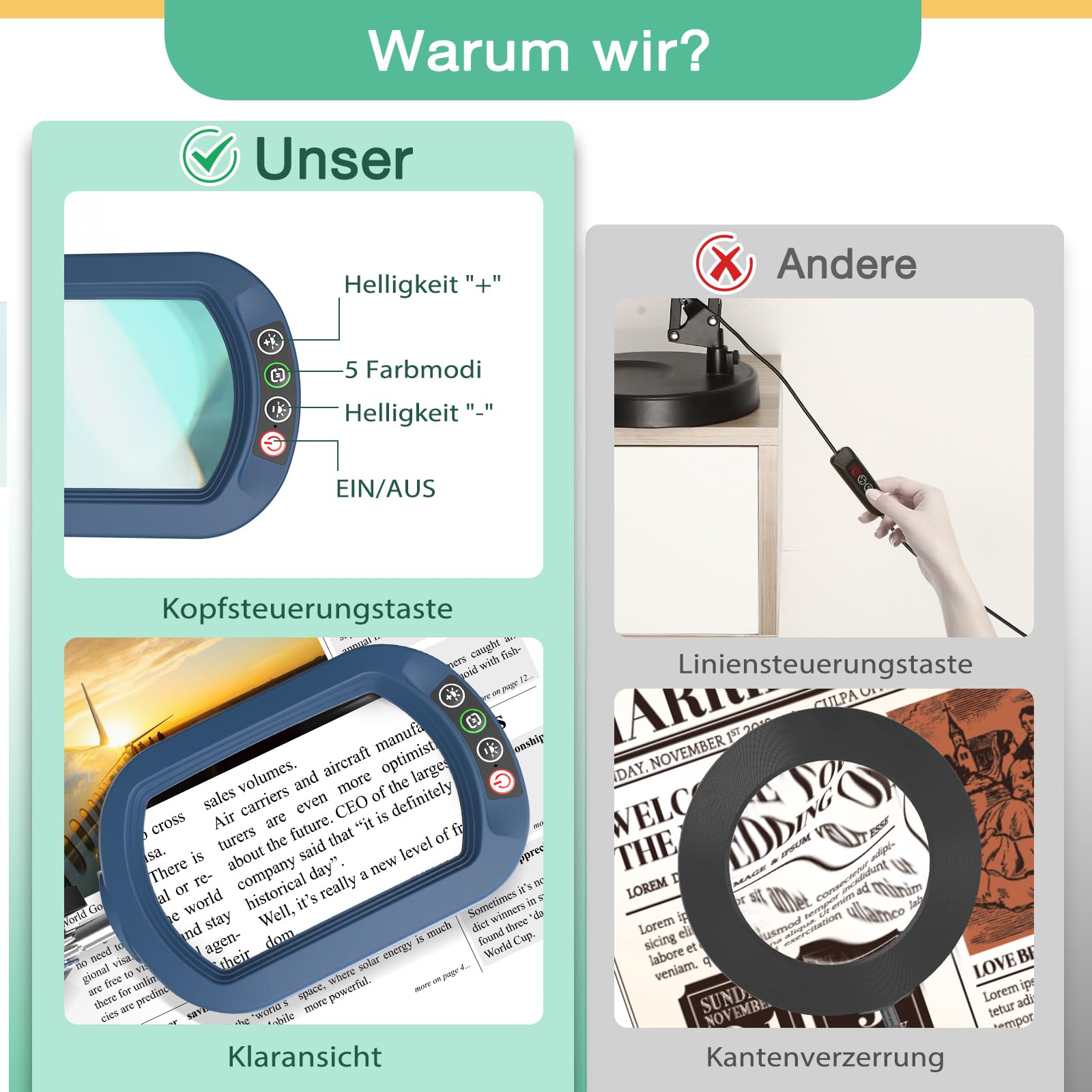 Lupa 10X con luz y abrazadera, cristal auténtico soporte de iluminación, 5 modos de color y regulable sin niveles, lámpara de escritorio LED manos libres para manualidades, aficiones, lectura, pintura