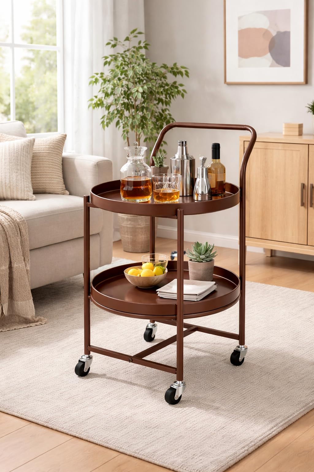 OGFC 57237 Home Bar Cart Drinks Food Serving Trolleys Sideboard 2 Tier Hairdressing Trolley On Wheels Bar Cart for Home, Living - Size:63 x 40 x 40cm (Color : Brown)