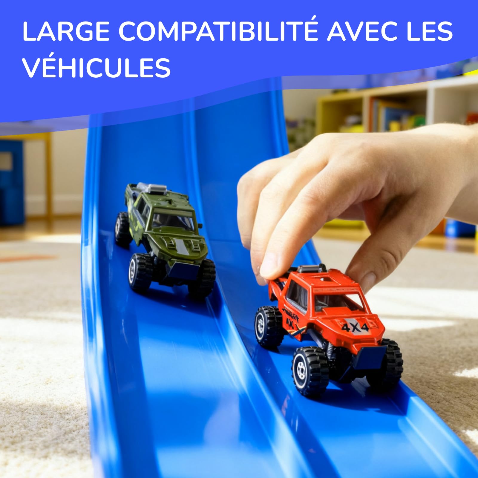 Circuit Voiture Enfant Roulable 4M Piste Flexible avec 4 Voitures + Sac de Rangement, Jouet de Piste de Course Portable pour sauts Boucles pour Voiture 1/64ème Dès 3 Ans, Bleu